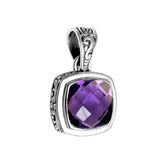 Retail Amethyst Quartz sterling silver pendant with cushion cut and Balinese handcrafted details.